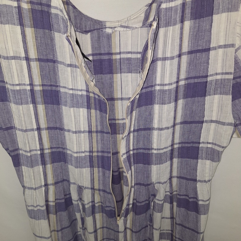 Vintage 90s Periwinkle White Plaid Linen Blend Dress 12 VTG Midi Cottagecore - Picture 13 of 16
